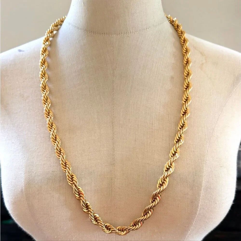 Vintage Gold Tone Rope Chain Necklace Thick Twisted Link Statement Necklace